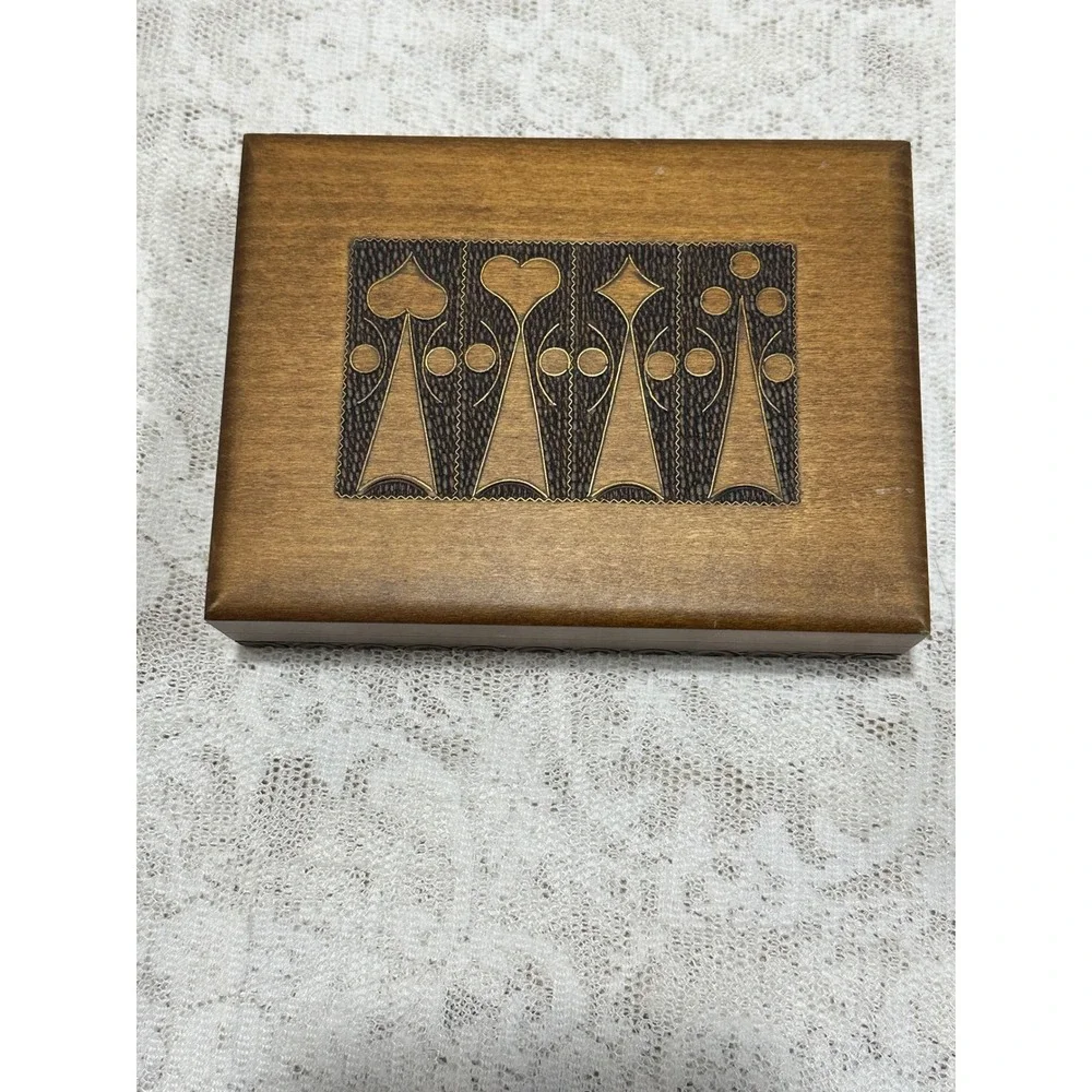 Vintage Wooden Keepsake‎ Box Carved Playing Card Suits Organizer Hinged Lid